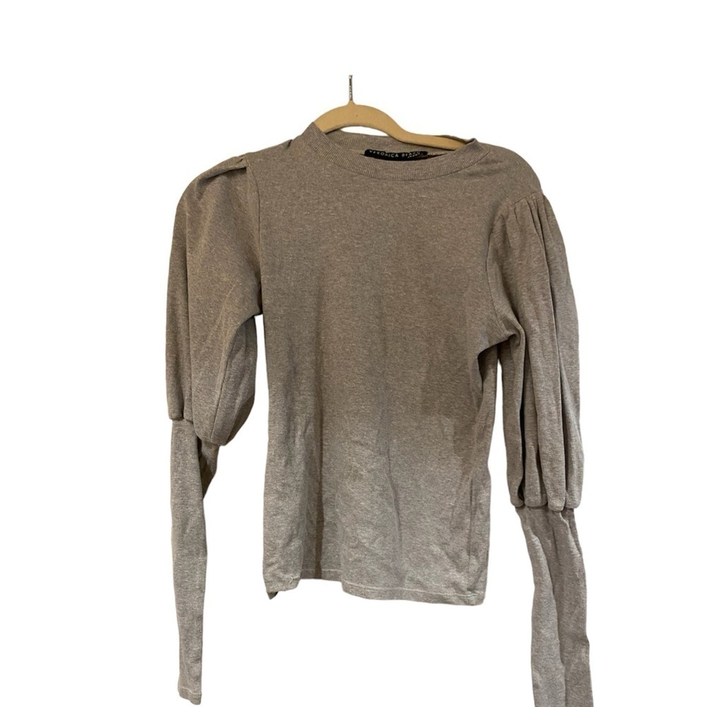 Veronica Beard Jeans / grey ribbed t-shirt puffy ruched sleeve size S